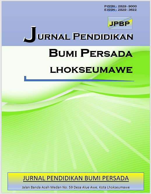 Jurnal Pendidikan Bumi Persada (JPBP) P-ISSN: 2829-9000 and E-ISSN: 2829-3622 is a scientific and peer-reviewed journal by Universitas Bumi Persada. The editorial board is based in Lhokseumawe, Indonesia. It is issued twice a year, in April and November. It publishes original, unpublished research manuscripts written in English or Bahasa Indonesia. JPBP aims to provide high-quality research, innovative ideas, and educational best practices. By presenting diverse perspectives and research findings, the journal contributes to the advancement of knowledge, improvement of teaching practices, and informed decision-making in the field of education.